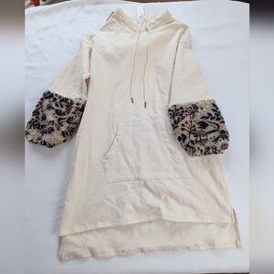 Anthropologie Cream Mini Hoodie Dress with Patterned Sleeves